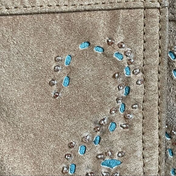 Brandon Thomas Tan Leather Jacket Cutout Turquoise Design Beaded Detail Medium - Picture 4 of 16